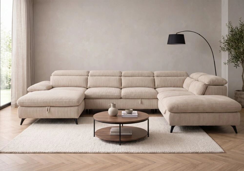 MURANO, Grand canap� panoramique angle droite convertible Gigogne non reversible en tissu Astra
