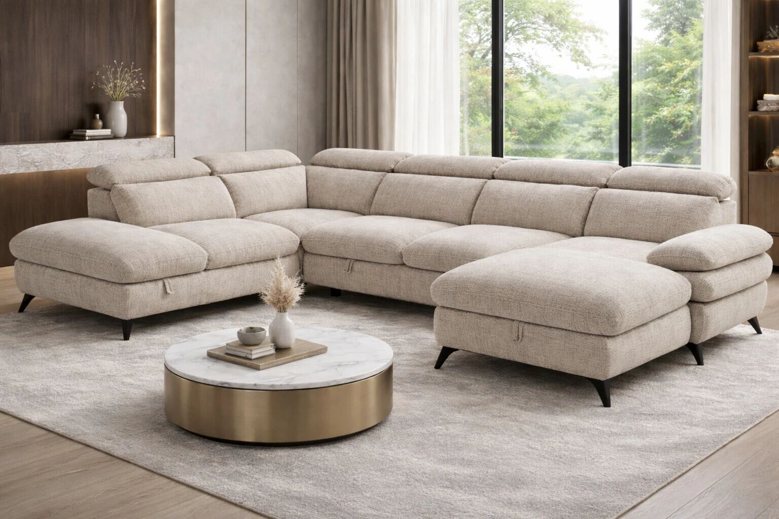 MURANO, Grand canap� panoramique angle gauche convertible Gigogne non reversible en tissu Astra