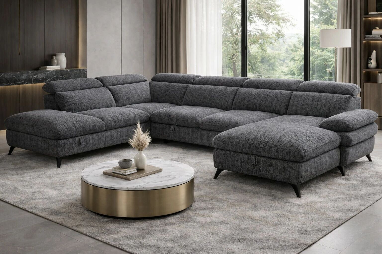 MURANO, Grand canap&eacute; panoramique angle gauche convertible Gigogne non reversible en tissu Astra