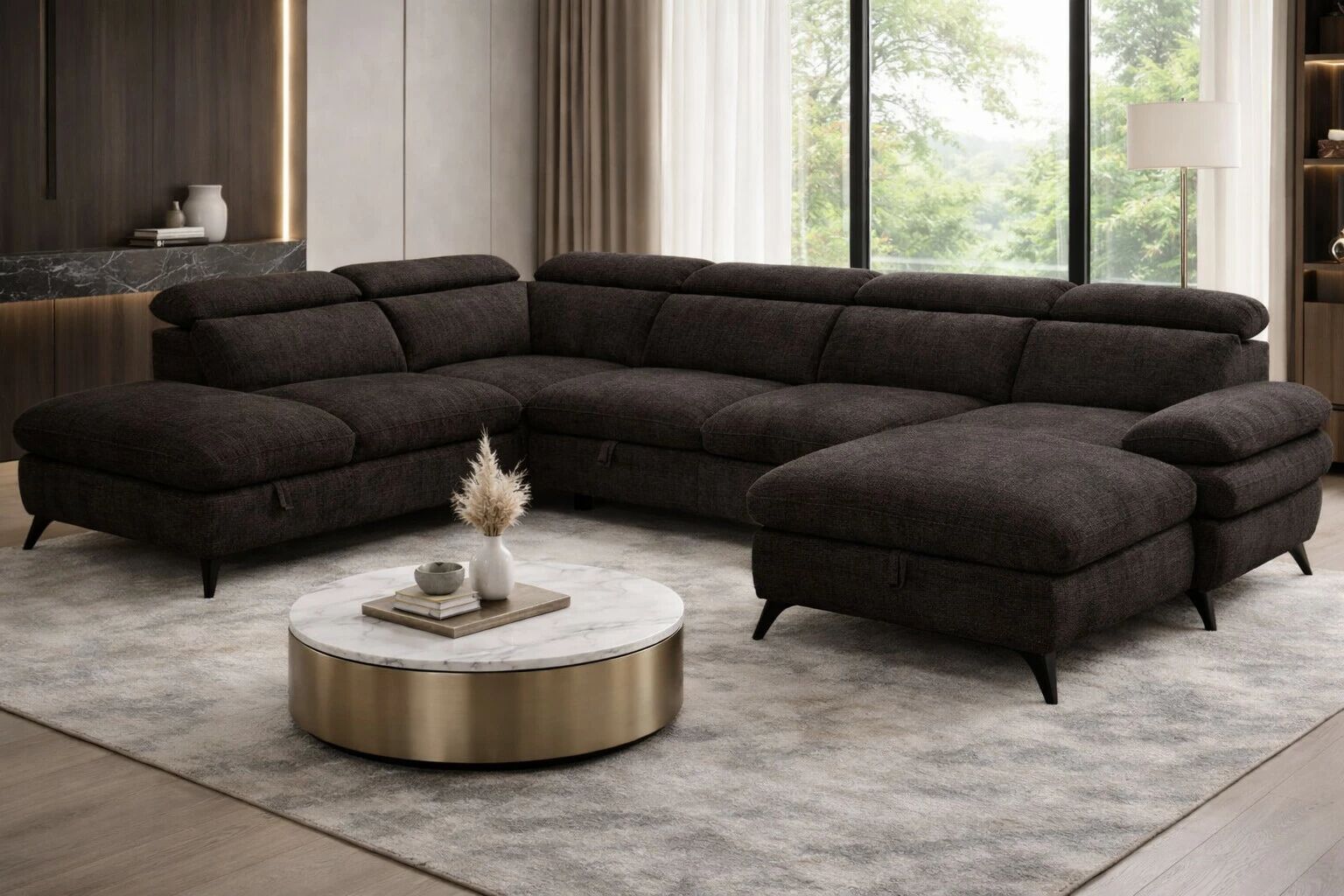 MURANO, Grand canap&eacute; panoramique angle gauche convertible Gigogne non reversible en tissu Astra