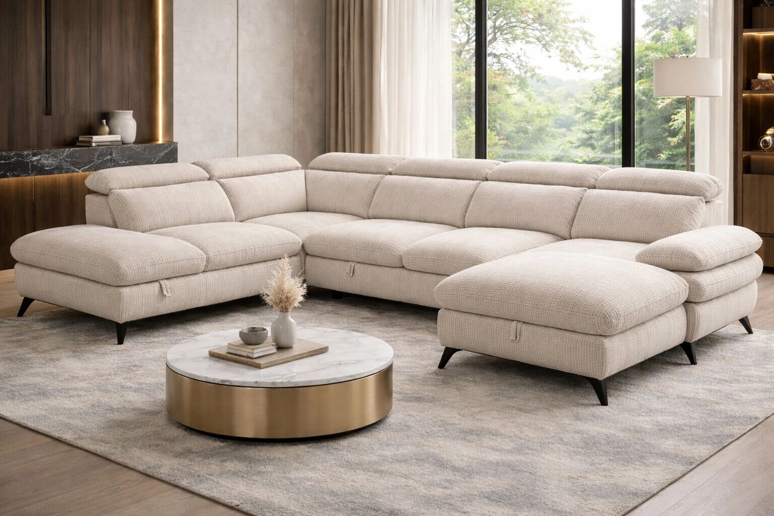 MURANO, Grand canap&eacute; panoramique angle gauche convertible Gigogne non reversible en tissu Astra