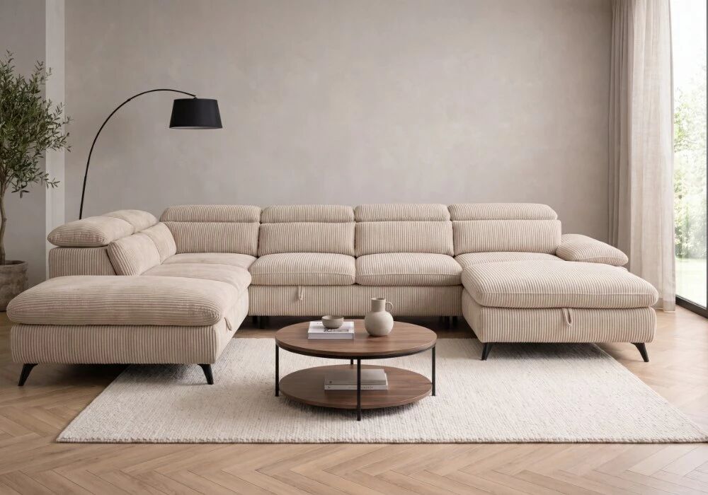 MURANO, Grand canap� panoramique angle gauche convertible Gigogne non reversible en tissu Astra