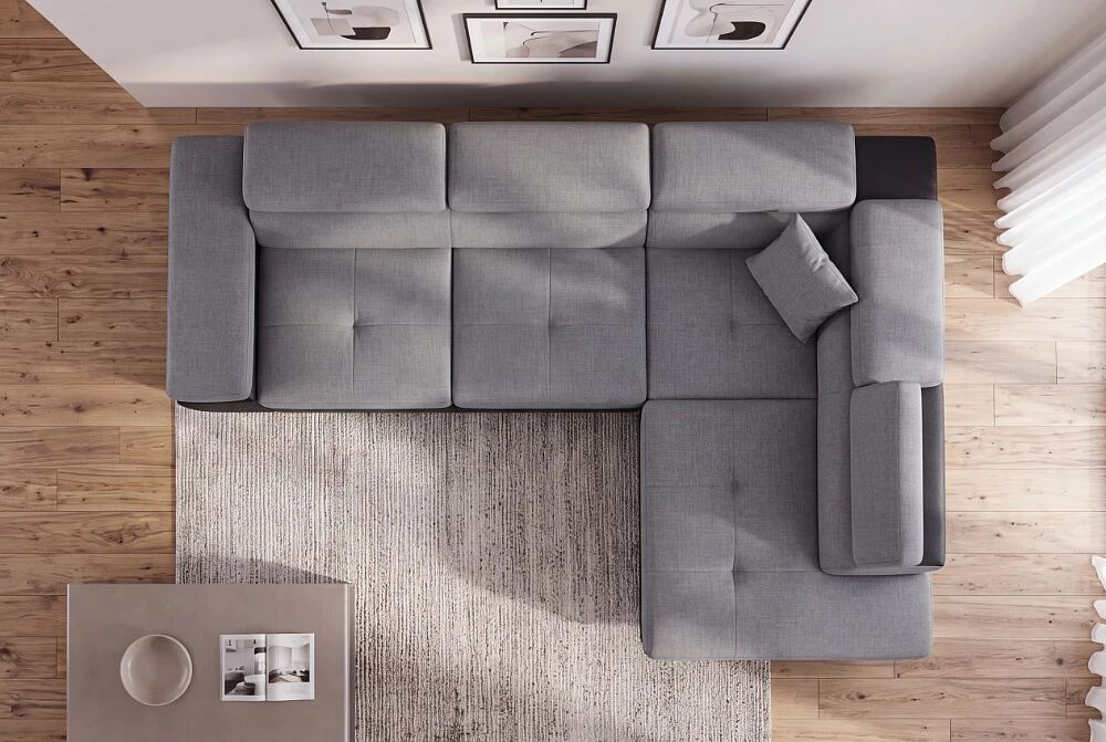 NAVY, Canap&eacute; d\'angle convertible gigogne 2 places + angle + m&eacute;ridienne coffre pouf  &laquo; NAVY+angle&raquo; en Tissu tweed gris+PU