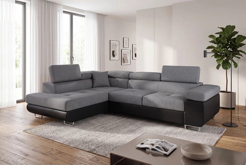 NAVY, Canap&eacute; d\'angle convertible gigogne 2 places + angle + m&eacute;ridienne coffre pouf  &laquo; NAVY+angle&raquo; en Tissu tweed gris+PU