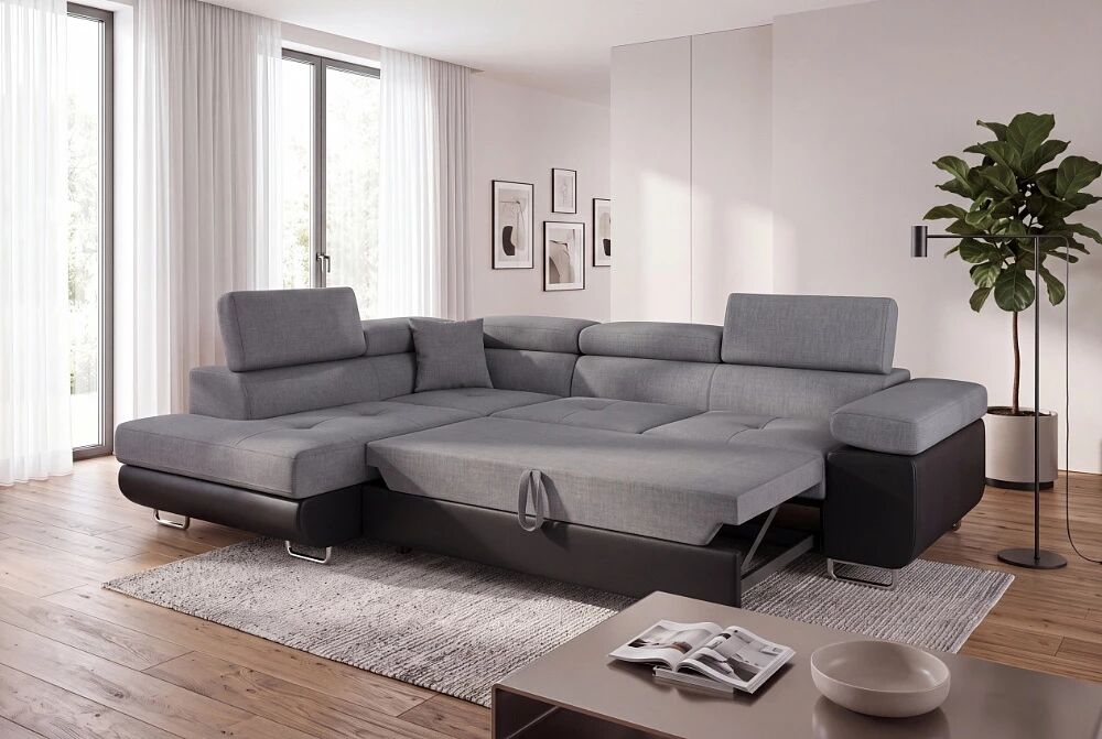 NAVY, Canap&eacute; d\'angle convertible gigogne 2 places + angle + m&eacute;ridienne coffre pouf  &laquo; NAVY+angle&raquo; en Tissu tweed gris+PU
