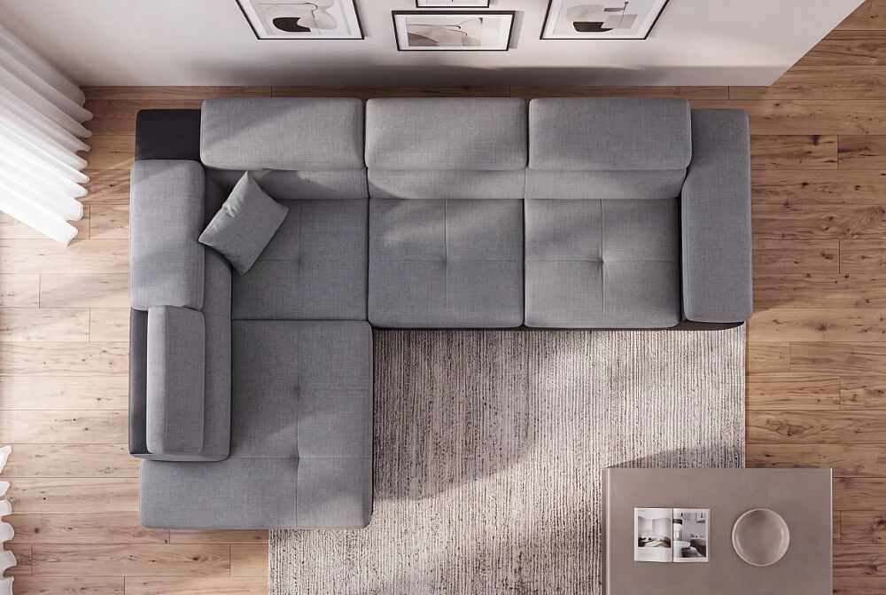 NAVY, Canap&eacute; d\'angle convertible gigogne 2 places + angle + m&eacute;ridienne coffre pouf  &laquo; NAVY+angle&raquo; en Tissu tweed gris+PU