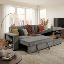 NERO, Grand Angle droite convertible gigogne non reversible 2 places + angle + pouf coffre