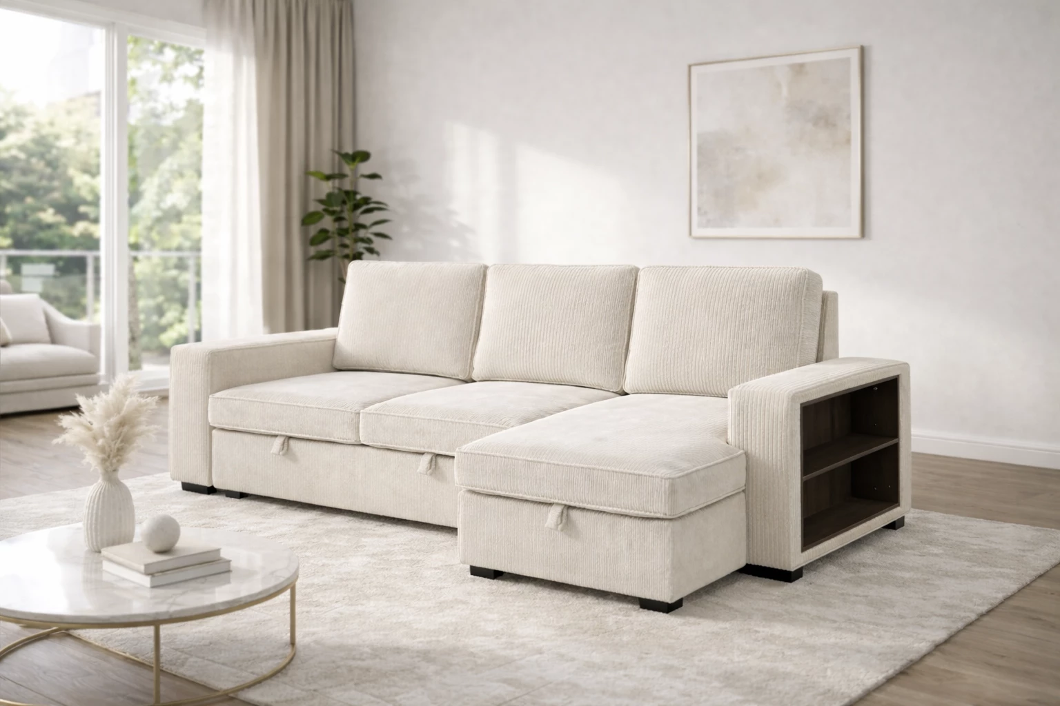 NERO, Grand Angle droite convertible gigogne non reversible 2 places + angle + pouf coffre