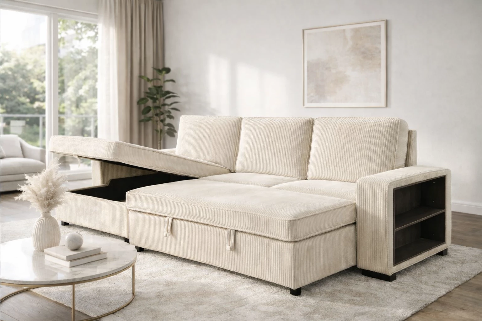 NERO, Grand Angle droite convertible gigogne non reversible 2 places + angle + pouf coffre