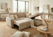 NINO, Canap&eacute; d\'angle 2 places avec m&eacute;ridienne coffre reversible. Port usb. Rabattable porte gobelet