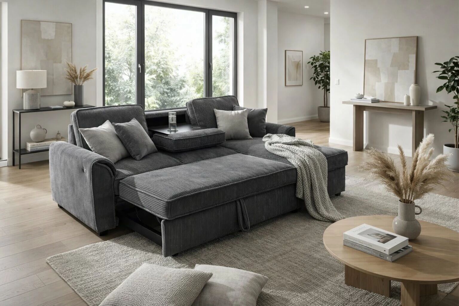 NINO, Canap&eacute; d\'angle 2 places avec m&eacute;ridienne coffre reversible. Port usb. Rabattable porte gobelet