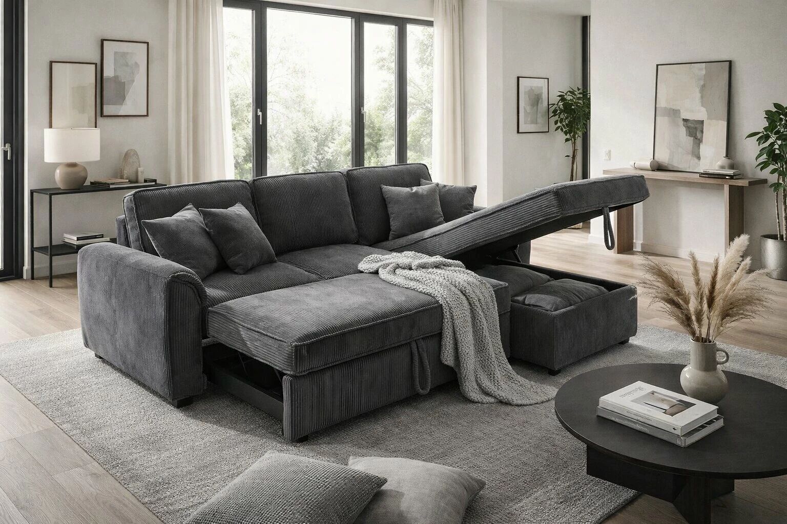 NINO, Canap&eacute; d\'angle 2 places avec m&eacute;ridienne coffre reversible. Port usb. Rabattable porte gobelet