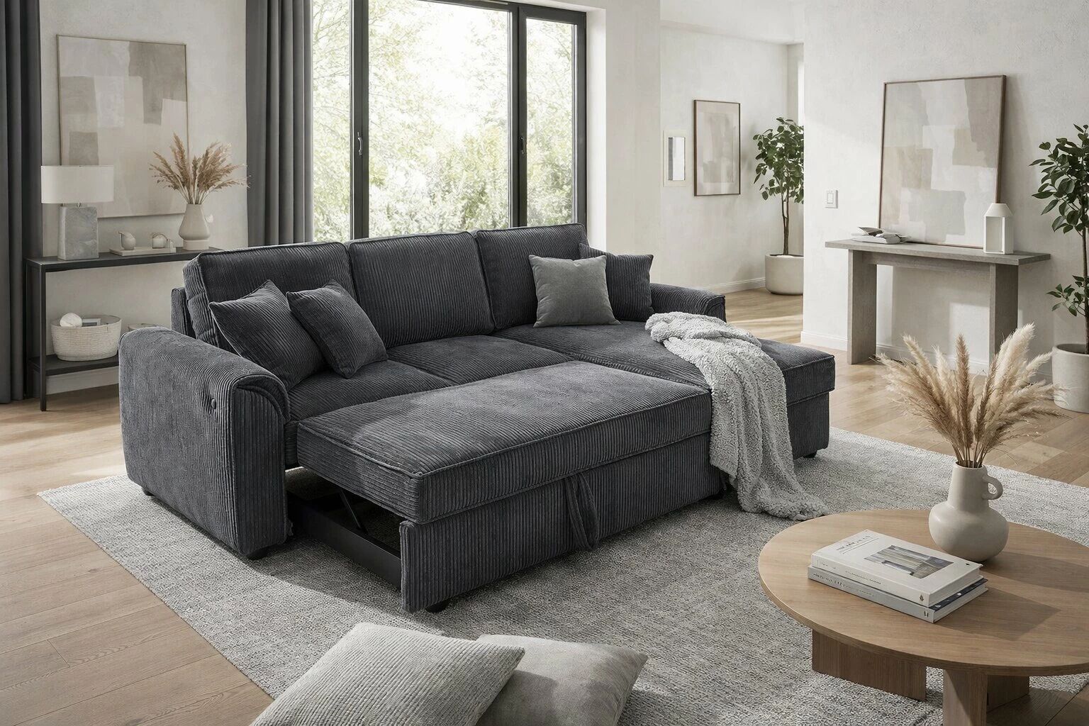 NINO, Canap&eacute; d\'angle 2 places avec m&eacute;ridienne coffre reversible. Port usb. Rabattable porte gobelet