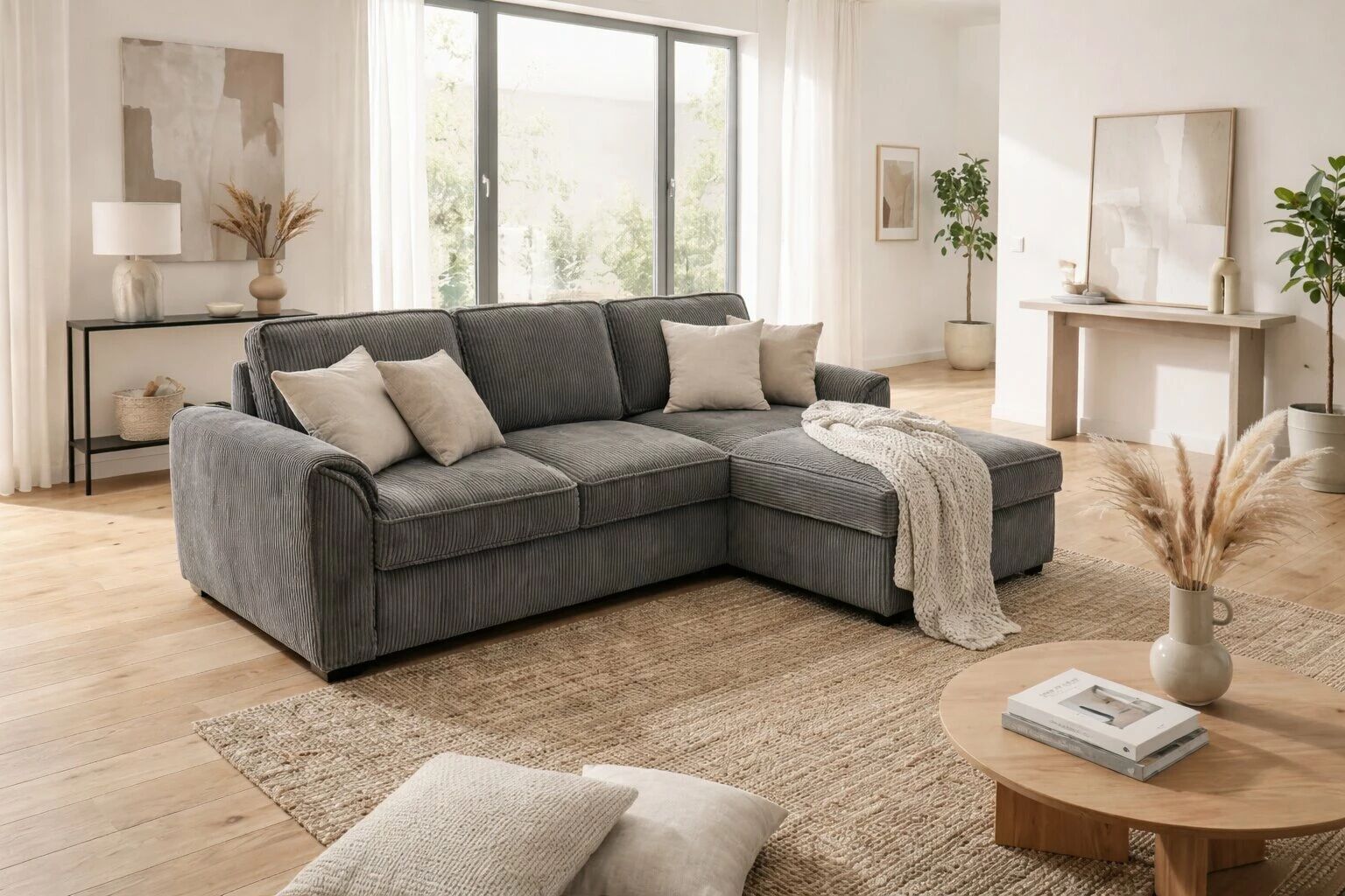 NINO, Canap&eacute; d\'angle 2 places avec m&eacute;ridienne coffre reversible. Port usb. Rabattable porte gobelet