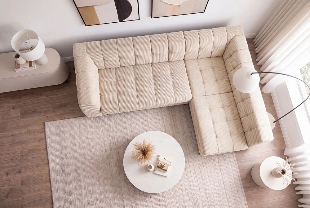 ODEON, Canap&eacute; d\'angle m&eacute;ridienne r&eacute;versible convertible gigogne avec coffre de rangement en velours cotel&eacute;