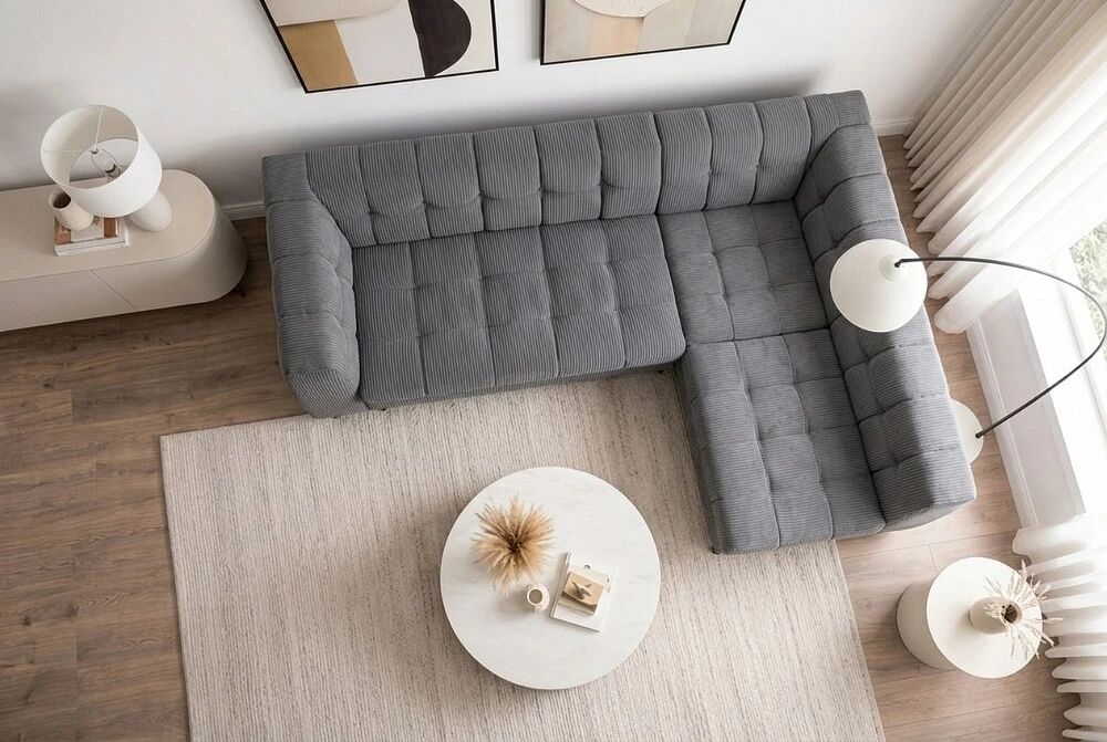 ODEON, Canap&eacute; d\'angle m&eacute;ridienne r&eacute;versible convertible gigogne avec coffre de rangement en velours cotel&eacute;