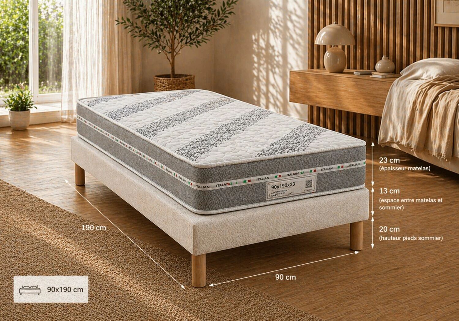 Offre Matelas BAMBOU en mousse &eacute;paisseur 23cm (toutes les dimensions) + Sommier Tapissier