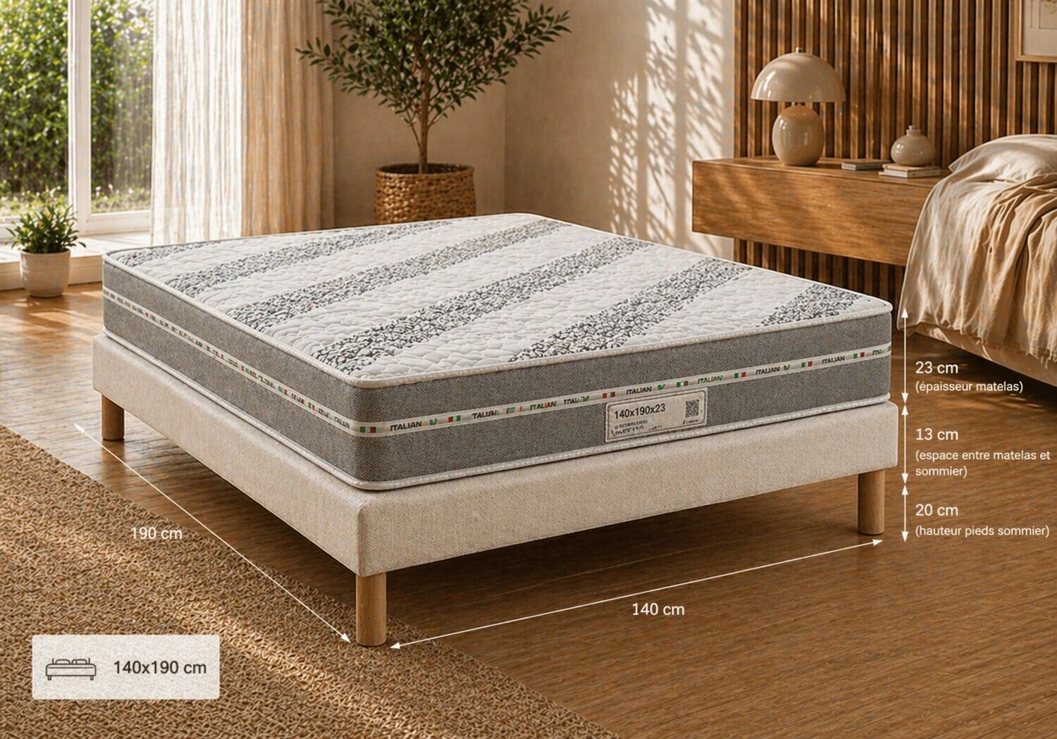 Offre Matelas BAMBOU en mousse &eacute;paisseur 23cm (toutes les dimensions) + Sommier Tapissier