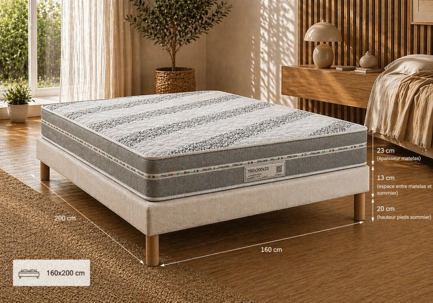 Offre Matelas BAMBOU en mousse &eacute;paisseur 23cm (toutes les dimensions) + Sommier Tapissier