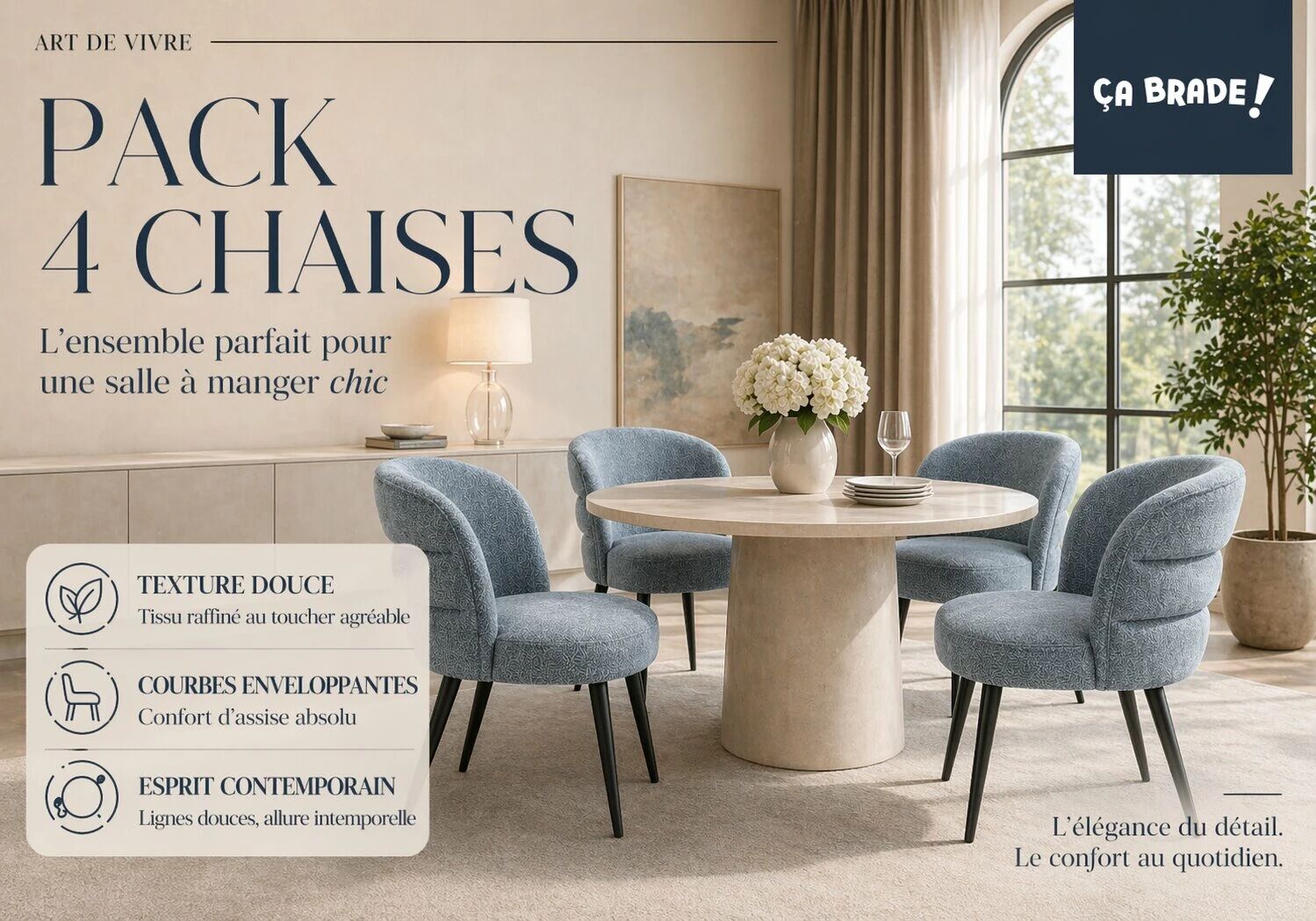 OLYMPUS Table ronde pieds style colonne + 4 Chaises Dragon Tissu Bouclette Blanc Pieds noir