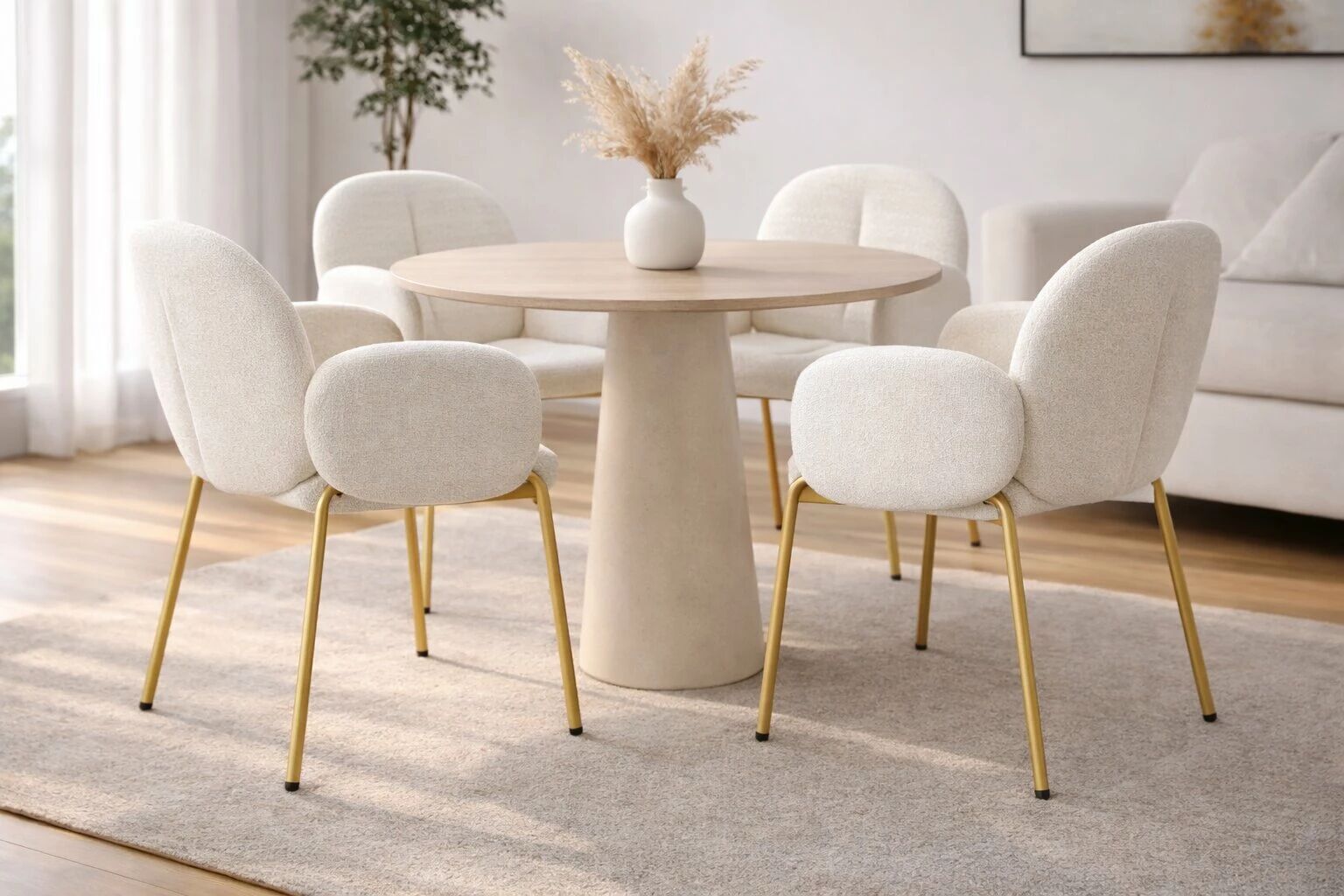 OREL Chaise de repas, Tissu CREME + Pieds m&eacute;tal dor&eacute; chrom&eacute;s.