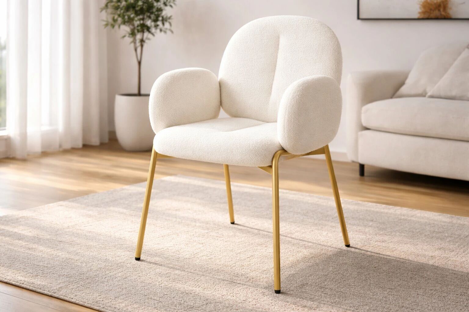 OREL Chaise de repas, Tissu CREME + Pieds m&eacute;tal dor&eacute; chrom&eacute;s.