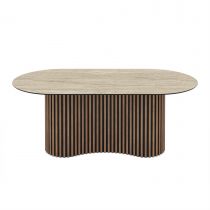 OSCAR Table pied colonne L200cm*P100cm*H76cm (effet TRAVERTIN-Pieds bois)