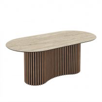 OSCAR Table pied colonne L200cm*P100cm*H76cm (effet TRAVERTIN-Pieds bois)