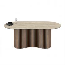 OSCAR Table pied colonne L200cm*P100cm*H76cm (effet TRAVERTIN-Pieds bois)