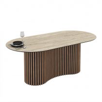 OSCAR Table pied colonne L200cm*P100cm*H76cm (effet TRAVERTIN-Pieds bois)