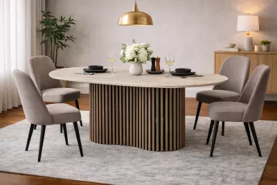 OSCAR Table pied colonne L200cm*P100cm*H76cm (effet TRAVERTIN-Pieds bois)