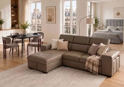 PACKT3, comprenant un canap� POSTO + 1 table YENSE 125cm + 4 chaises DRAGON taupe + 1 lit coffre CITY2 140cm + 1 matelas GOMMA
