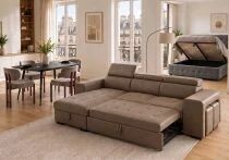PACKT3, comprenant un canap&eacute; POSTO + 1 table YENSE 125cm + 4 chaises DRAGON taupe + 1 lit coffre CITY2 140cm + 1 matelas GOMMA