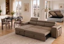 PACKT3, comprenant un canap&eacute; POSTO + 1 table YENSE 125cm + 4 chaises DRAGON taupe + 1 lit coffre CITY2 140cm + 1 matelas GOMMA