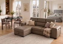 PACKT3, comprenant un canap&eacute; POSTO + 1 table YENSE 125cm + 4 chaises DRAGON taupe + 1 lit coffre CITY2 140cm + 1 matelas GOMMA