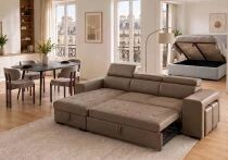PACKT3, comprenant un canap&eacute; POSTO + 1 table YENSE 125cm + 4 chaises DRAGON taupe + 1 lit coffre CITY2 140cm + 1 matelas GOMMA