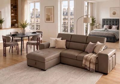 PACKT3, comprenant un canap� POSTO + 1 table YENSE 125cm + 4 chaises DRAGON taupe + 1 lit coffre CITY2 140cm + 1 matelas GOMMA