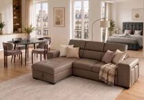 PACKT3, comprenant un canap&eacute; POSTO + 1 table YENSE 125cm + 4 chaises DRAGON taupe + 1 lit coffre CITY2 140cm + 1 matelas GOMMA
