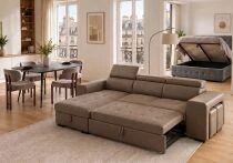 PACKT3, comprenant un canap&eacute; POSTO + 1 table YENSE 125cm + 4 chaises DRAGON taupe + 1 lit coffre CITY2 140cm + 1 matelas GOMMA