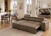 PACKT3, comprenant un canap&eacute; POSTO + 1 table YENSE 125cm + 4 chaises DRAGON taupe + 1 lit coffre CITY2 140cm + 1 matelas GOMMA