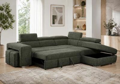 POSITANO II, Canap� d\'angle convertible Gigogne 2 places ,  pouf coffre, en tissu Astra