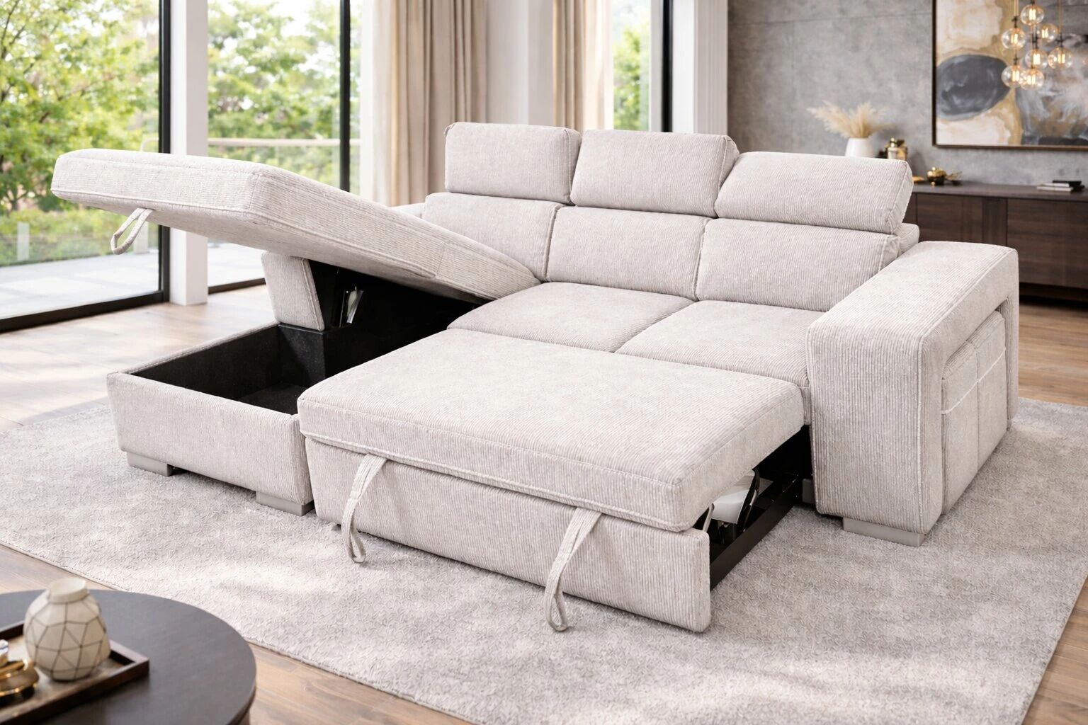 POSTO, Canap&eacute; d\'angle convertible gigogne 2 places + Chaise longue + 2 poufs, angle reversible, Rev&ecirc;tement Tissu Belfast