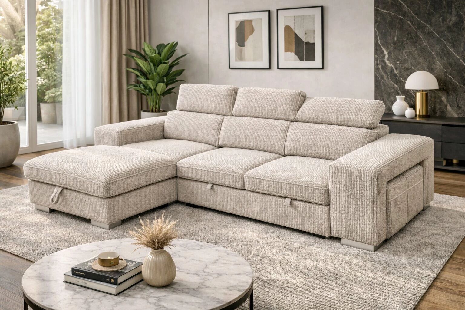 POSTO, Canap&eacute; d\'angle convertible gigogne 2 places + Chaise longue + 2 poufs, angle reversible, Rev&ecirc;tement Tissu Belfast