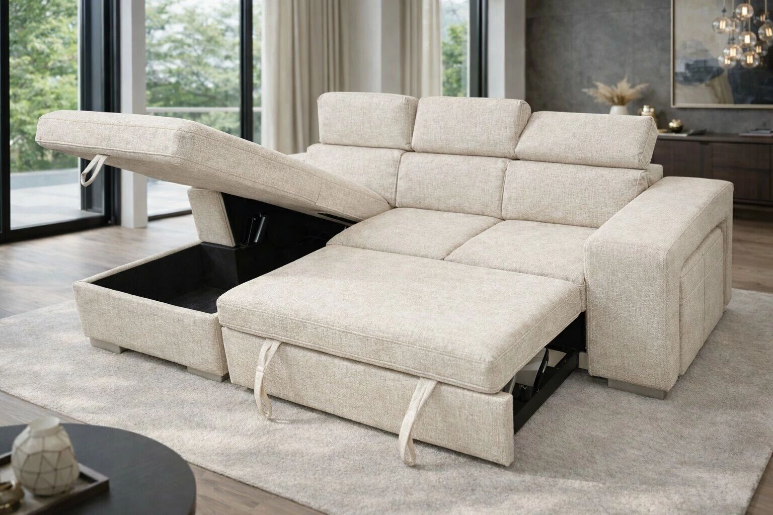 POSTO, Canap&eacute; d\'angle convertible gigogne 2 places + Chaise longue + 2 poufs, angle reversible, Rev&ecirc;tement Tissu Belfast