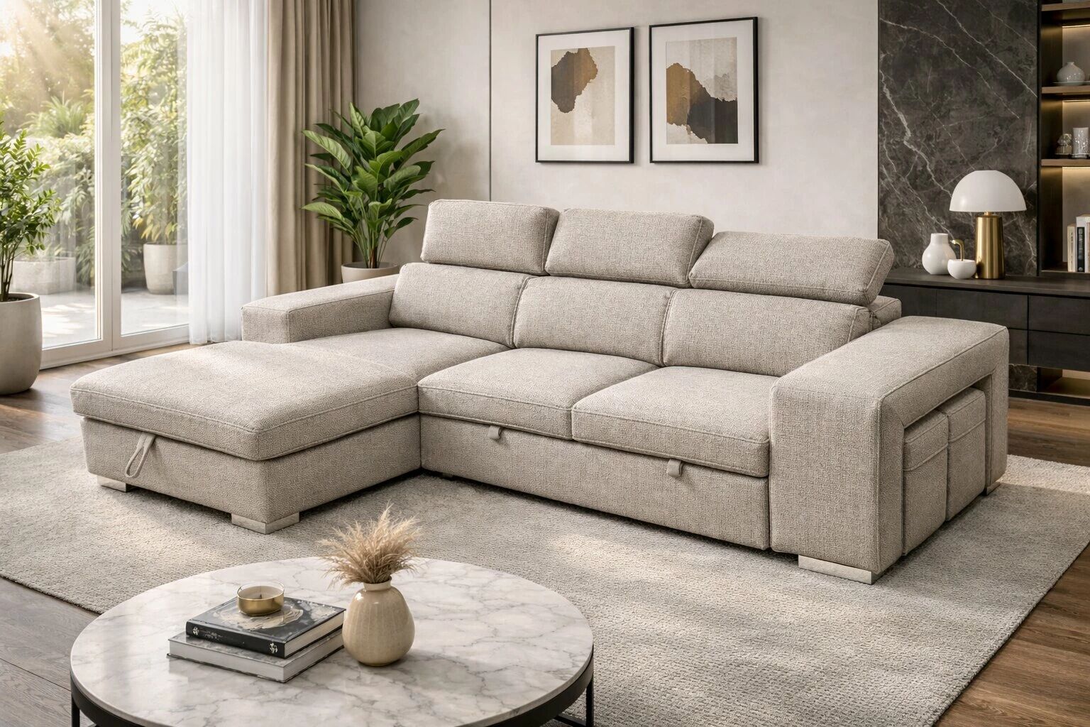 POSTO, Canap&eacute; d\'angle convertible gigogne 2 places + Chaise longue + 2 poufs, angle reversible, Rev&ecirc;tement Tissu Belfast