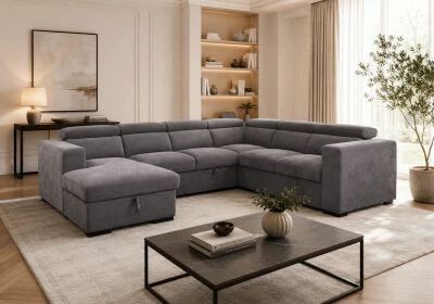 ROOM-U, Canap� panoramique U non reversible avec meridienne coffre, Tissu Velours