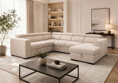 ROOM-U, Canap� panoramique U non reversible avec meridienne coffre, Tissu Velours