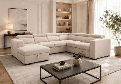 ROOM-U, Canap� panoramique U non reversible avec meridienne coffre, Tissu Velours