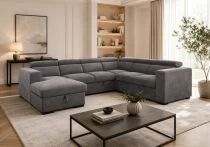 ROOM-U, Canap&eacute; panoramique U non reversible avec meridienne coffre, Tissu Velours