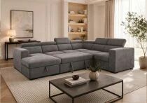 ROOM-U, Canap&eacute; panoramique U non reversible avec meridienne coffre, Tissu Velours